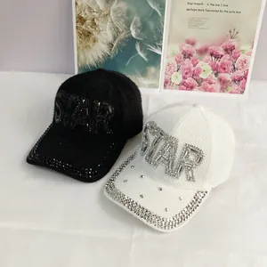 Chic rhinestone STAR baseball cap in black faux fur and white knit for winter style