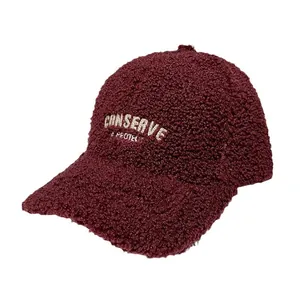 Winter warm lamb wool baseball cap in burgundy with embroidery for women