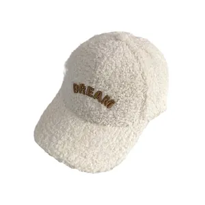 Winter-Baseballkappe aus Lammwolle in Beige mit braunem Dream-Stickerei für Damen und Herren