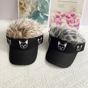 Visera Divertida con Peluca Pelo Sintético Gorra de Béisbol Bordado de Gato Streetwear Hip Hop Fiesta Sombrero de Sol