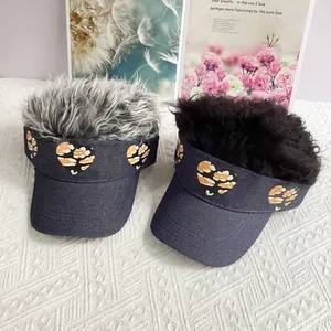 Creative Unisex Denim Wig Baseball Cap With Synthetic Hair Funny Heart Leopard Print Visor Hat For Party Outdoor Decoration