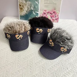 Denim baseball caps with wig hair and camo heart patterns for a funny party hip hop look
