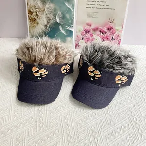 Denim visor baseball cap with crazy wig hair and leopard heart print for hip hop style