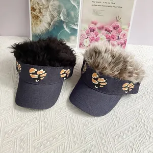 Denim visor hat with integrated wig and leopard heart prints for casual outdoor use