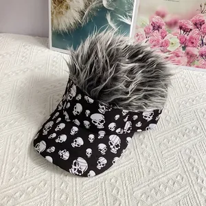 Top view of funny visor hat with long grey synthetic hair and white skull pattern print