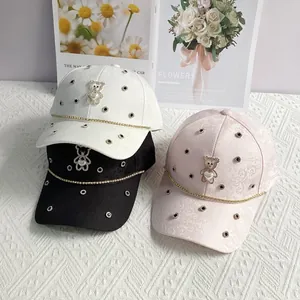 Women Jacquard Iris Floral Baseball Cap With Rhinestone Heart Bear Metal Chain Fashion Sun Protection Hat Adjustable Casual Travel Baseball Cap