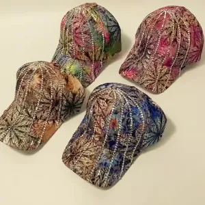 Women Fashion Floral Print Baseball Cap Rhinestone Star Studded Cotton Adjustable Sun Shade Hat Casual Outdoor Accessory