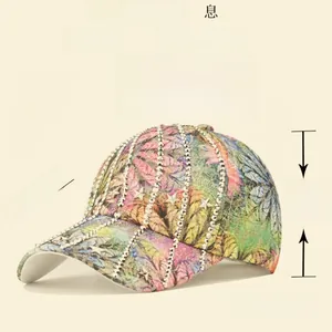 Detailed dimensions of printed baseball cap with rhinestones and star rivets on plain background