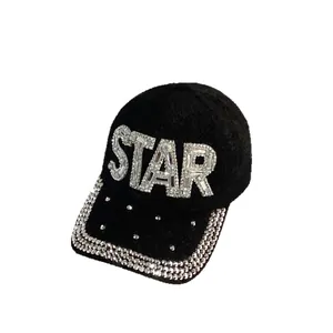 Black winter baseball cap with rhinestone STAR lettering and sparkling crystal embellishments