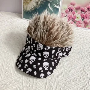 Detail of black baseball cap with white skull patterns and messy brown wig hair