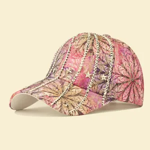 Pink mandala pattern baseball cap with silver rhinestones and star rivets for women