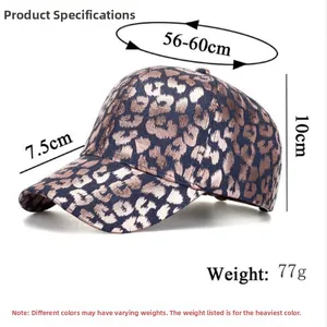 Detail view of denim baseball cap with gold leopard print and size measurements