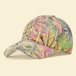 Detailed shot of tropical floral print baseball cap with sequins and star studs