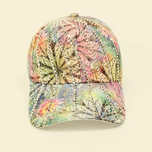 Fashion baseball cap with colorful leaf print, metal studs and silver star decorations