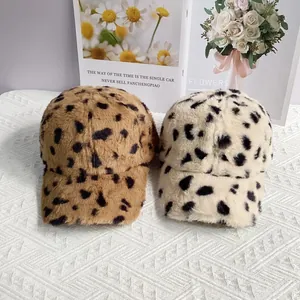 Winter faux fur leopard print baseball caps with fluffy warm plush texture in two colors