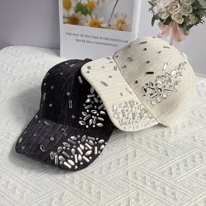 Velvet baseball cap with sparkling rhinestones for women, available in black and beige