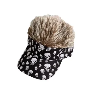 Skull print sun visor hat with light brown curly wig hair for Halloween party costume