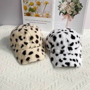 Detailed texture of cow print and leopard faux fur baseball caps for autumn winter