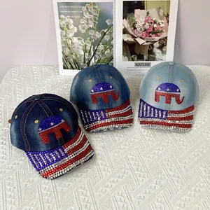 Close-up of denim baseball caps with Republican elephant and US flag rhinestone patterns