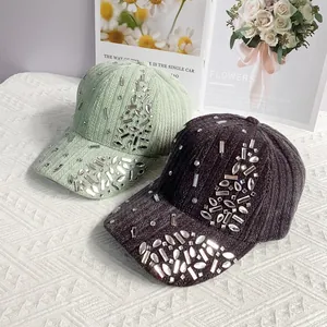 Rhinestone velvet baseball caps in light green and dark grey with corduroy texture
