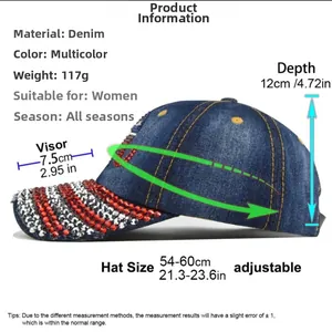 Detailed size chart for the rhinestone denim baseball cap with adjustable head straps