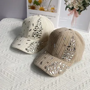 Winter baseball caps in beige and brown velvet with rhinestones and knitted texture