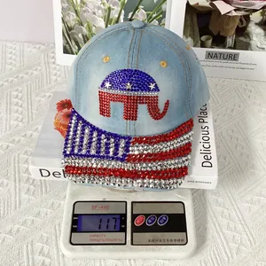 Macro detail of denim baseball cap weighing 117g with American flag rhinestone elephant