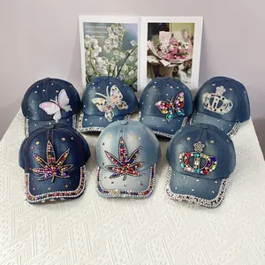 Women Handmade Rhinestone Denim Baseball Cap Butterfly Crown Leaf Bling Adjustable Cotton Hat Casual Fashion Sunshade