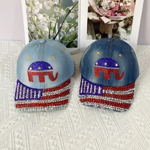 Denim baseball cap featuring rhinestone elephant and American flag patriotic motifs