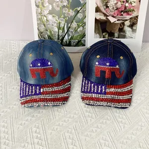 Denim baseball caps with rhinestone GOP elephant and US flag pattern for women and men