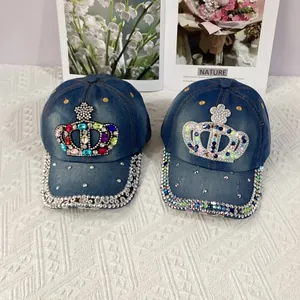Denim baseball caps with rhinestone crown designs in colorful and silver crystals
