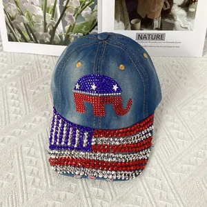 Detail of rhinestones on denim baseball cap featuring elephant and flag pattern