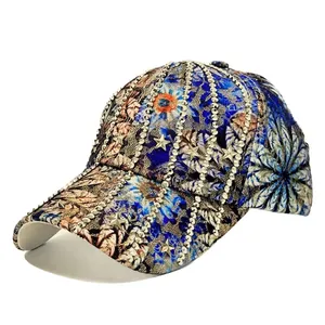 Sparkling rhinestone baseball cap with vintage stripes and golden star studs for women