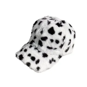 Winter fluffy faux rabbit fur baseball cap with stylish black and white cow print texture