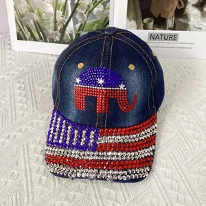 Detailed view of the sparkling rhinestone American flag and elephant on a denim baseball cap