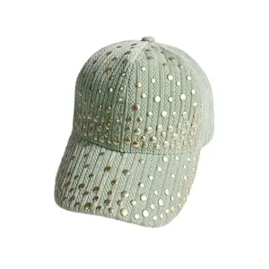 Mint green velvet baseball cap with vertical stripes and decorative gold studs