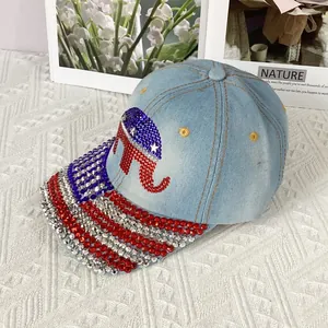 Macro detail of rhinestones on denim baseball cap featuring elephant and USA flag pattern