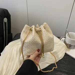 Sac Seau Tissé en Paille pour Femme Avec Cordon de Serrage en Künstliche Perles Bandoulière Chaîne Dorée Décontracté Vacances Petit Sac