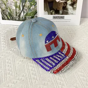 Detail of light blue denim baseball cap featuring GOP elephant and rhinestone American flag