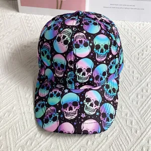 Detail of baseball cap featuring gradient skull prints and white stars on black fabric