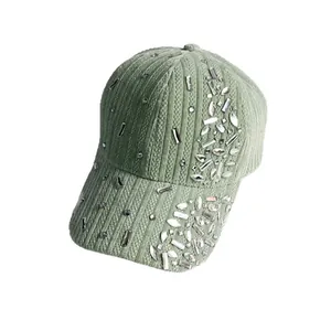Women's velvet baseball cap with sparkling rhinestones in a light green autumn design