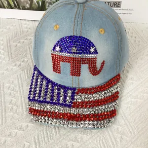Detail of rhinestones on denim baseball cap featuring elephant logo and US flag motif