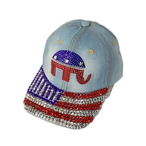 Denim baseball cap with rhinestone elephant logo and American flag pattern brim