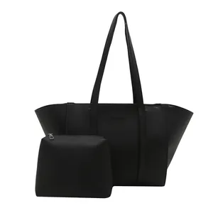 Minimalist black PU leather tote bag set with inner pouch and Fashion embossed text