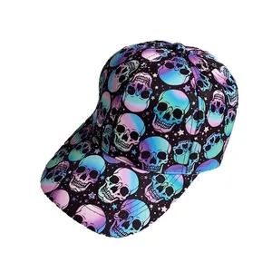 Hip hop baseball cap with colorful skull prints and stars on black fabric