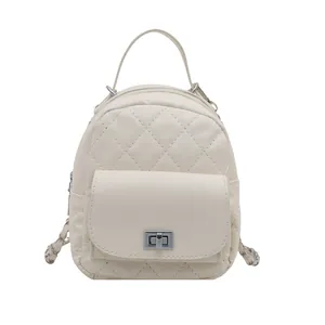 Mini cream quilted leather backpack with rhombus pattern and silver metal twist lock