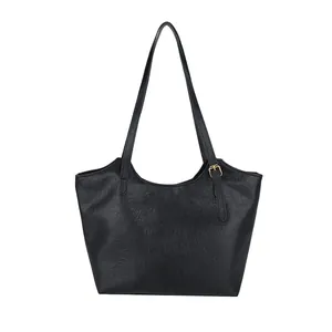 Large black leather tote bag with gold buckle strap and荔枝 texture on white background