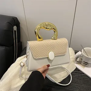 Women Minimalist Spliced Handbag PU Leather Straw Woven Gold Metal Handle Small Square Shoulder Crossbody Bag For Daily Party