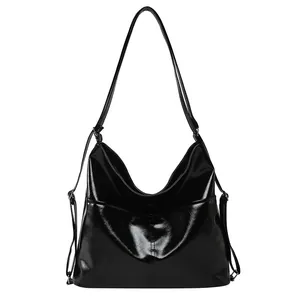 Classic black large capacity hobo tote bag in glossy leather for women's daily commute