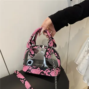 Modische transparente PVC Muscheltasche mit rosa Zebra-Schlangenmuster-Besatz
